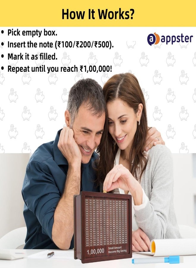 APPSTER 8x7 Inch Jumbo Wooden Piggy Money Bank for Kids & Adults | Carved Design, Mini Bank, Donation Box, Smart Money Coin Box with Numbers Savings Box 100000 Rupees (Brown) - Image 4